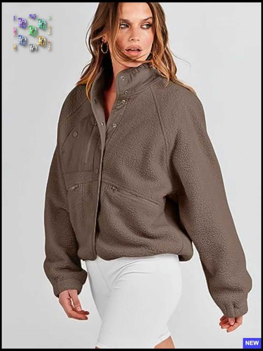Fuzzy Fleece Jacket Cropped Sherpa Button Down Shacket Coats Outwear With - Picture 5 of 7